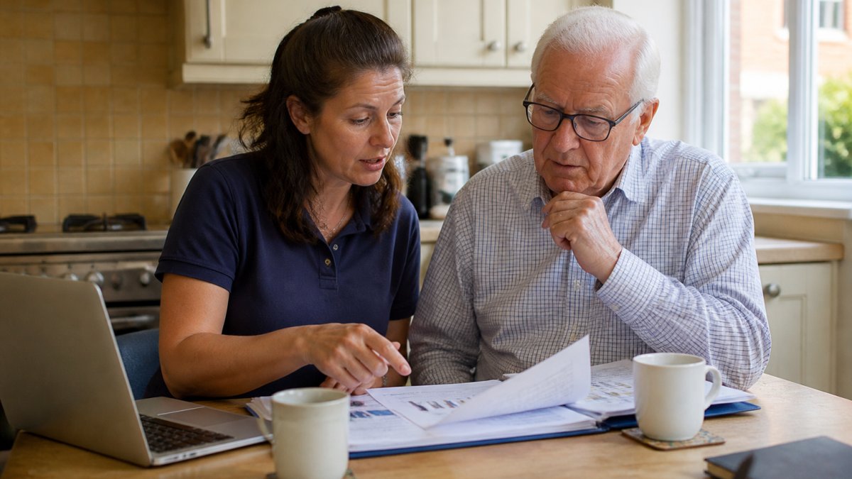 An adult daughter and her elderly father sitting at a kitchen table with paperwork, a laptop and a cup of tea, discussing care options together in a warm home setting