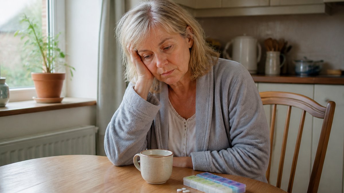 Infographic illustrating physical symptoms of caregiver burnout in a woman sitting at a kitchen table.