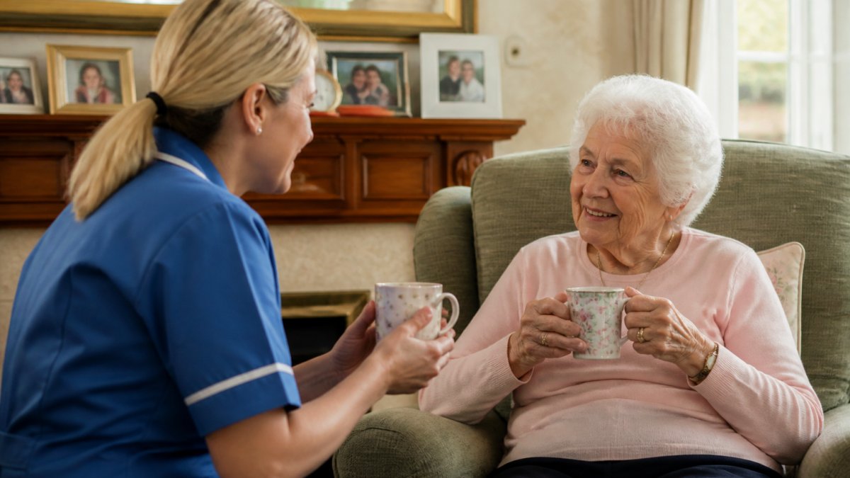 A visiting carer sharing a cup of tea and a friendly conversation with an older woman in her own living room, family photos on the mantelpiece, soft afternoon light