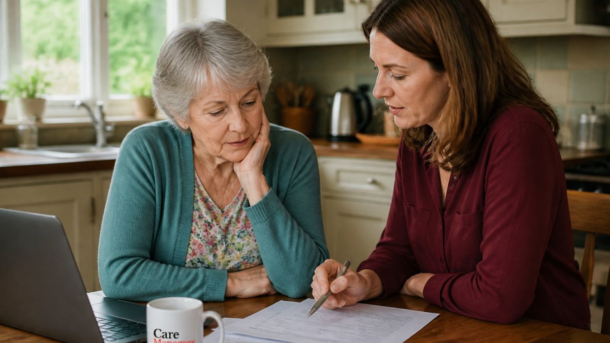 Older adult and adult child sitting together at a kitchen table with documents and a laptop, reviewing care options and funding information in natural daylight