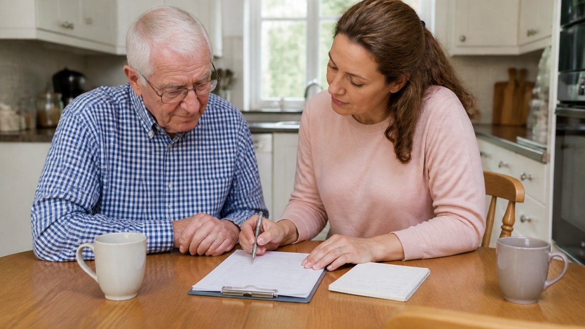 An adult daughter sitting beside her elderly father at a kitchen table, reviewing a care checklist together with a notepad and pen, warm natural light