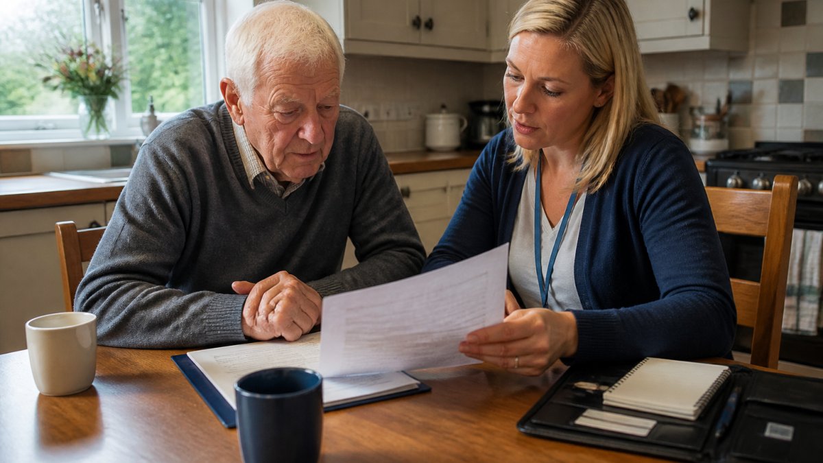 Professional care manager and older adult reviewing detailed care plan document together at kitchen table, both looking focused and engaged, natural daylight through window