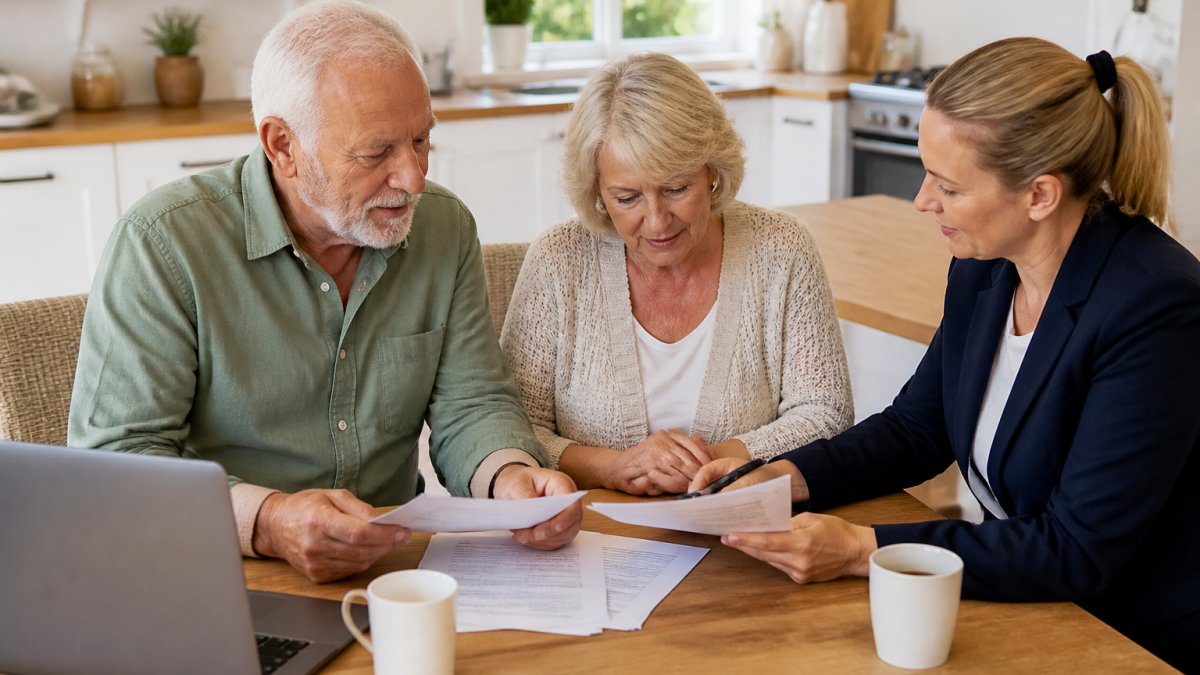 An older couple sitting at a kitchen table with paperwork, a laptop and a cup of tea, discussing documents with a professional adviser in a bright home setting