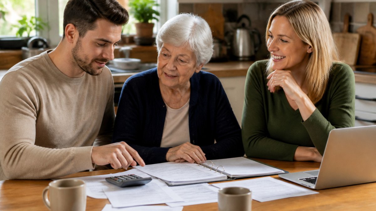 Three-generation family using a home care costs calculator to plan a budget on a laptop at the kitchen table.