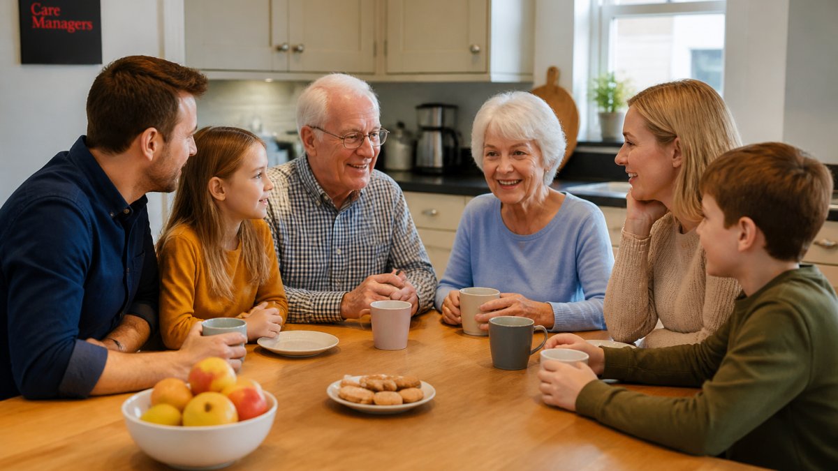 Infographic illustrating a multi-generational family discussion for preventing caregiver burnout through support.