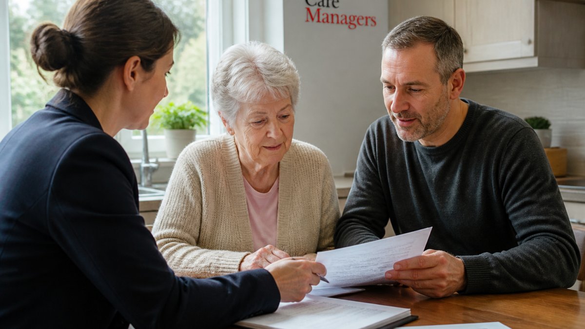Adult child sitting with elderly parent and care manager at kitchen table reviewing documents together, warm natural light streaming through window